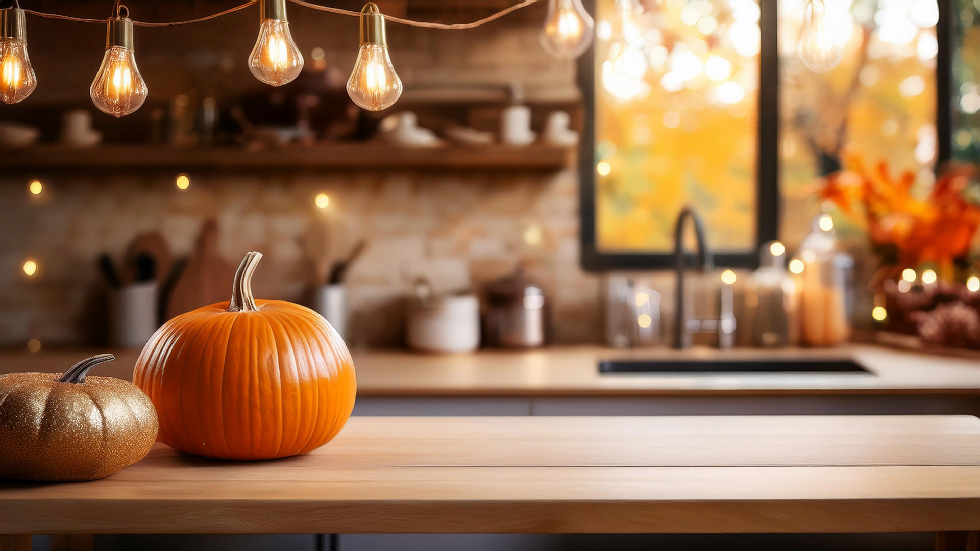 Pumpkins and string lights